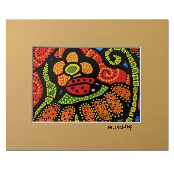 Colorful Abstract Art Print Matted Signed Ladybug Flowers - Picture 1 of 3